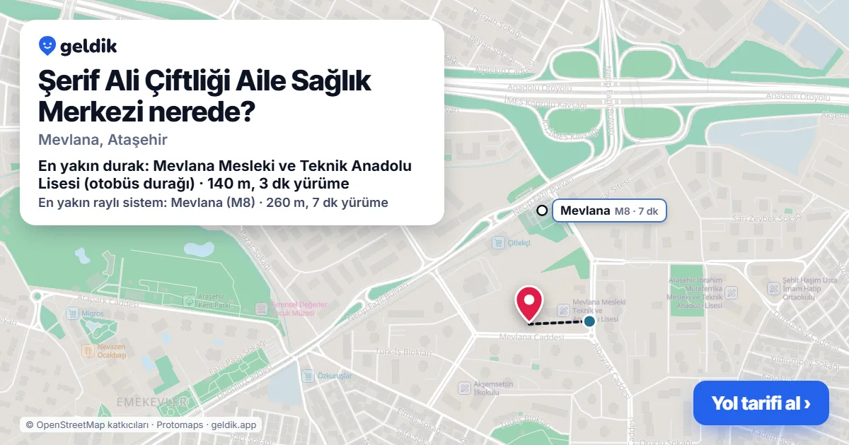 Where is Şerif Ali Çiftliği Aile Sağlık Merkezi: map with its location and the nearest stops, with walking times