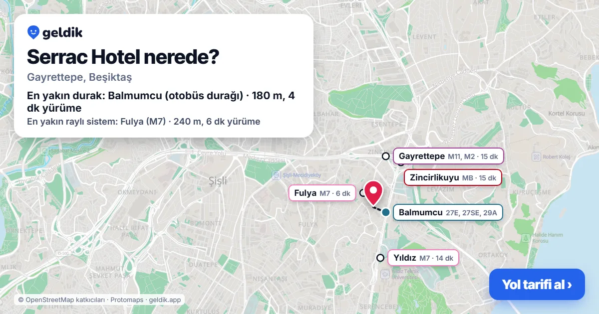 Where is Serrac Hotel: map with its location and the nearest stops, with walking times