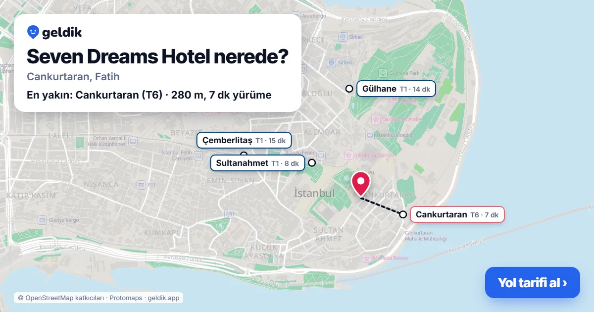 Where is Seven Dreams Hotel: map with its location and the nearest stops, with walking times