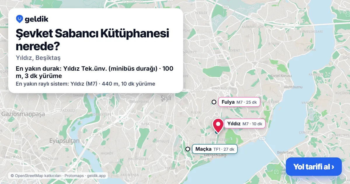 Where is Şevket Sabancı Kütüphanesi: map with its location and the nearest stops, with walking times