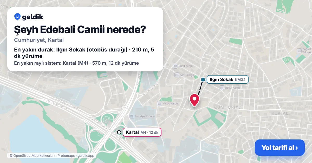 Where is Şeyh Edebali Camii: map with its location and the nearest stops, with walking times