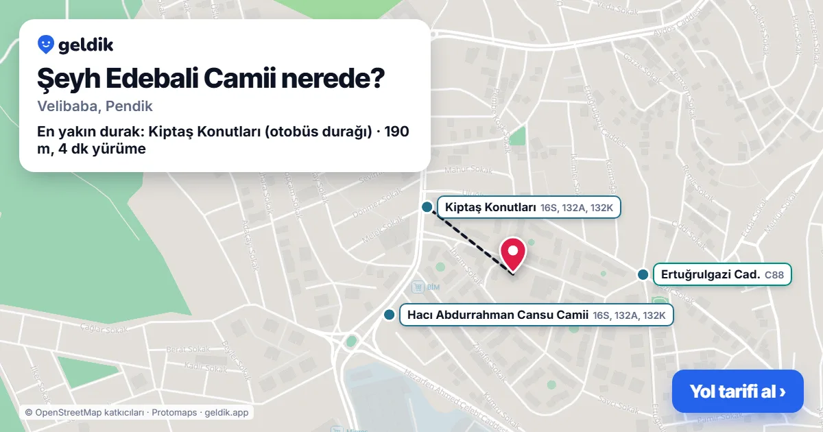 Where is Şeyh Edebali Camii: map with its location and the nearest stops, with walking times