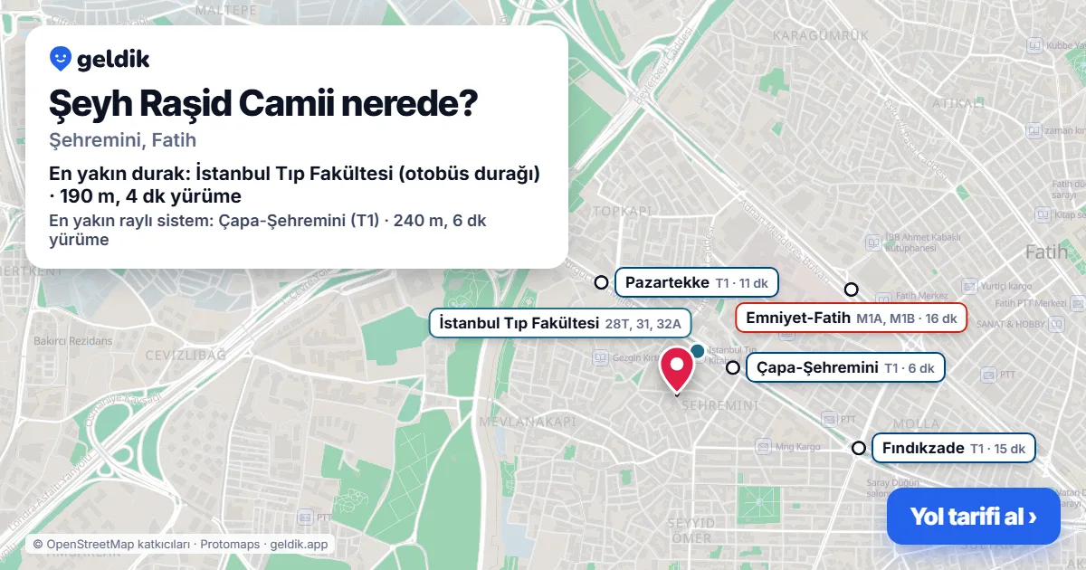 Şeyh Raşid Camii nerede: haritada konumu ve en yakın duraklar, yürüme süreleriyle