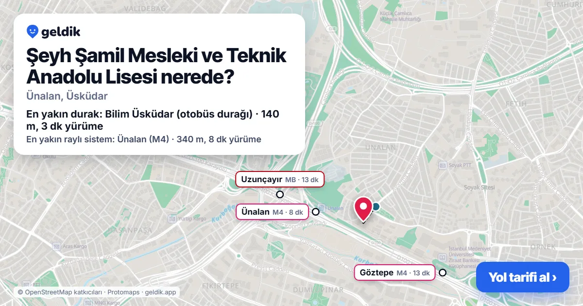 Şeyh Şamil Mesleki ve Teknik Anadolu Lisesi nerede: haritada konumu ve en yakın duraklar, yürüme süreleriyle