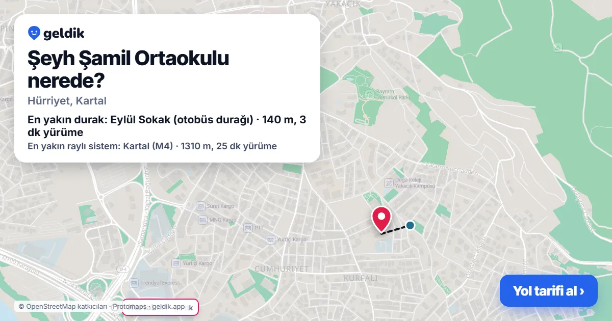 Where is Şeyh Şamil Ortaokulu: map with its location and the nearest stops, with walking times
