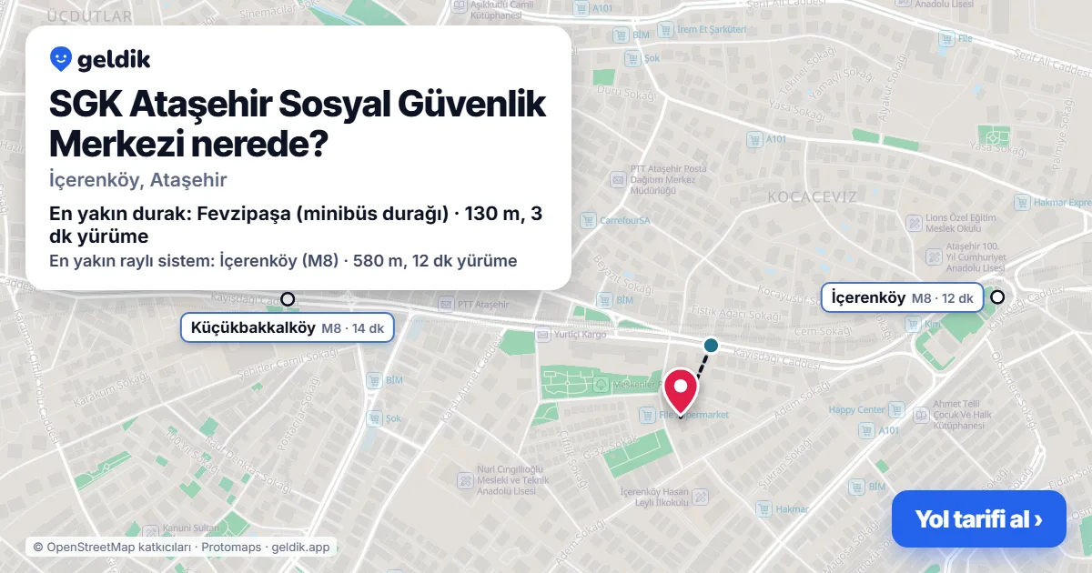 Where is SGK Ataşehir Sosyal Güvenlik Merkezi: map with its location and the nearest stops, with walking times