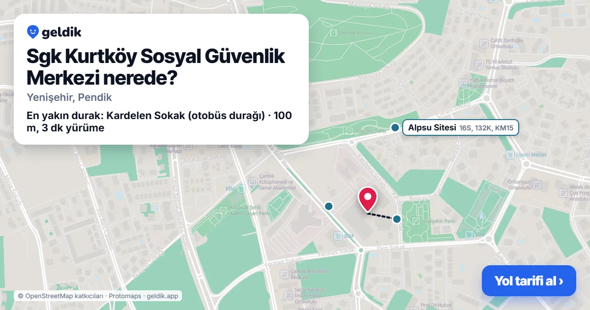 Where is Sgk Kurtköy Sosyal Güvenlik Merkezi: map with its location and the nearest stops, with walking times