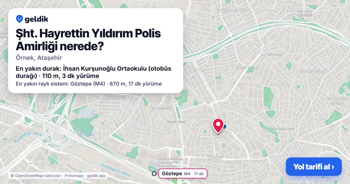 Şht. Hayrettin Yıldırım Polis Amirliği nerede: haritada konumu ve en yakın duraklar, yürüme süreleriyle