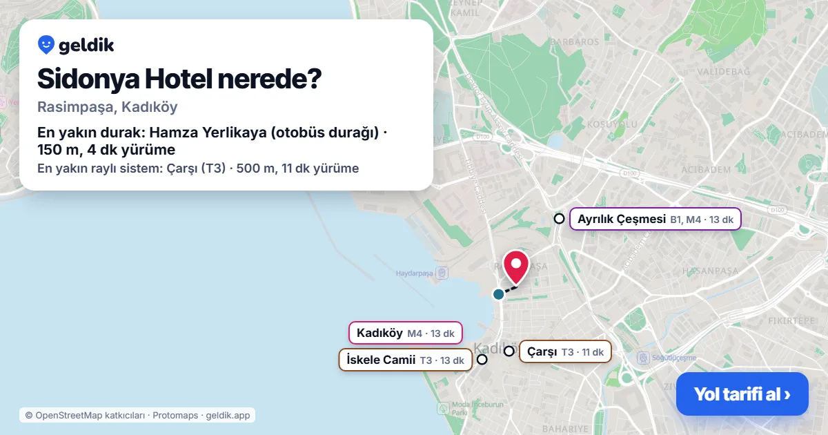 Sidonya Hotel nerede: haritada konumu ve en yakın duraklar, yürüme süreleriyle