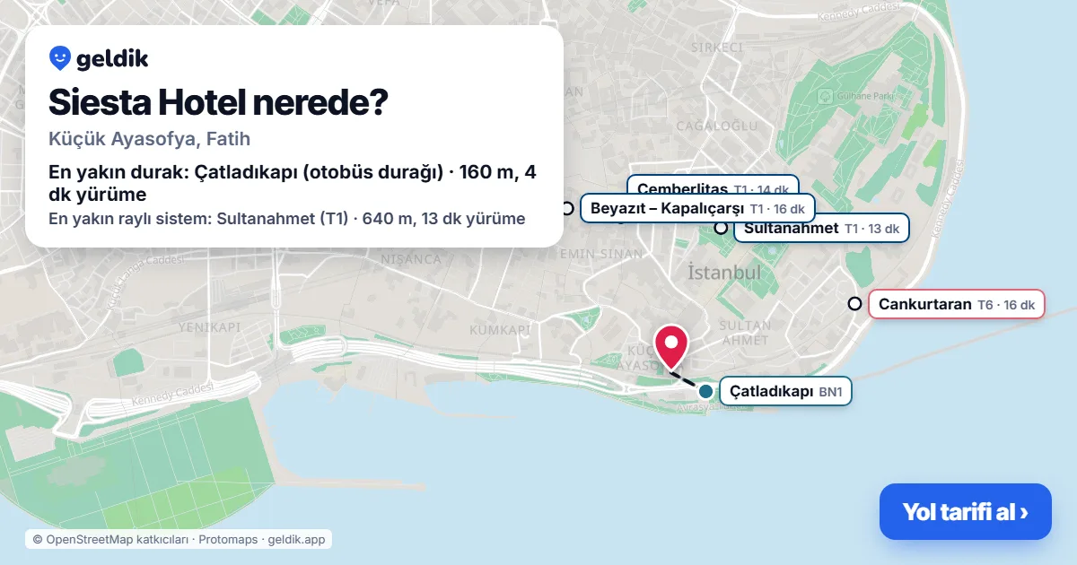 Siesta Hotel nerede: haritada konumu ve en yakın duraklar, yürüme süreleriyle
