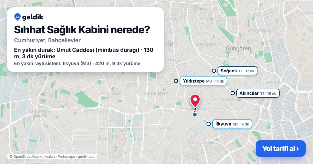 Sıhhat Sağlık Kabini nerede: haritada konumu ve en yakın duraklar, yürüme süreleriyle