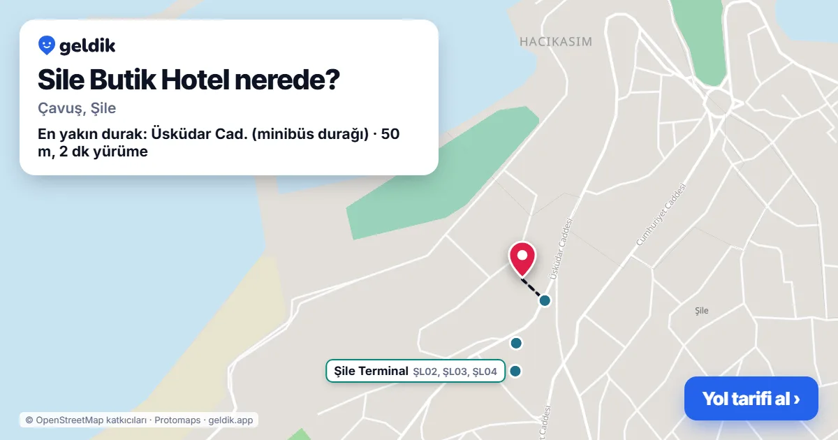 Where is Sile Butik Hotel: map with its location and the nearest stops, with walking times