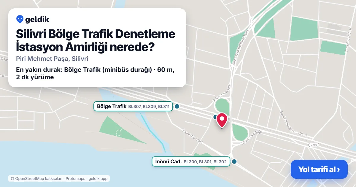 Where is Silivri Bölge Trafik Denetleme İstasyon Amirliği: map with its location and the nearest stops, with walking times
