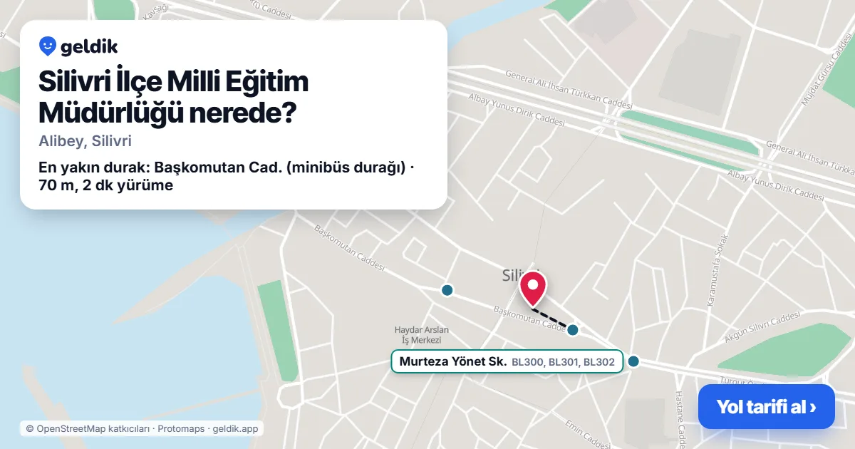 Where is Silivri İlçe Milli Eğitim Müdürlüğü: map with its location and the nearest stops, with walking times