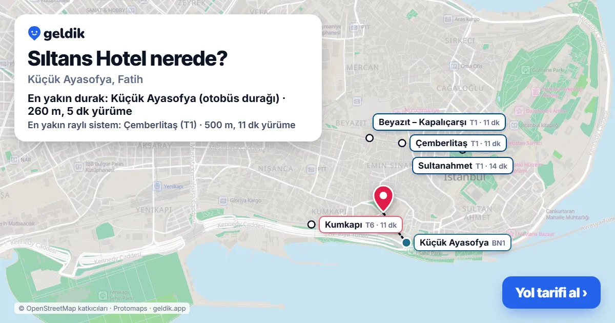 Where is Sıltans Hotel: map with its location and the nearest stops, with walking times