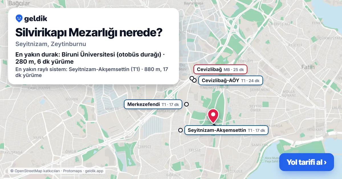 Where is Silvirikapı Mezarlığı: map with its location and the nearest stops, with walking times