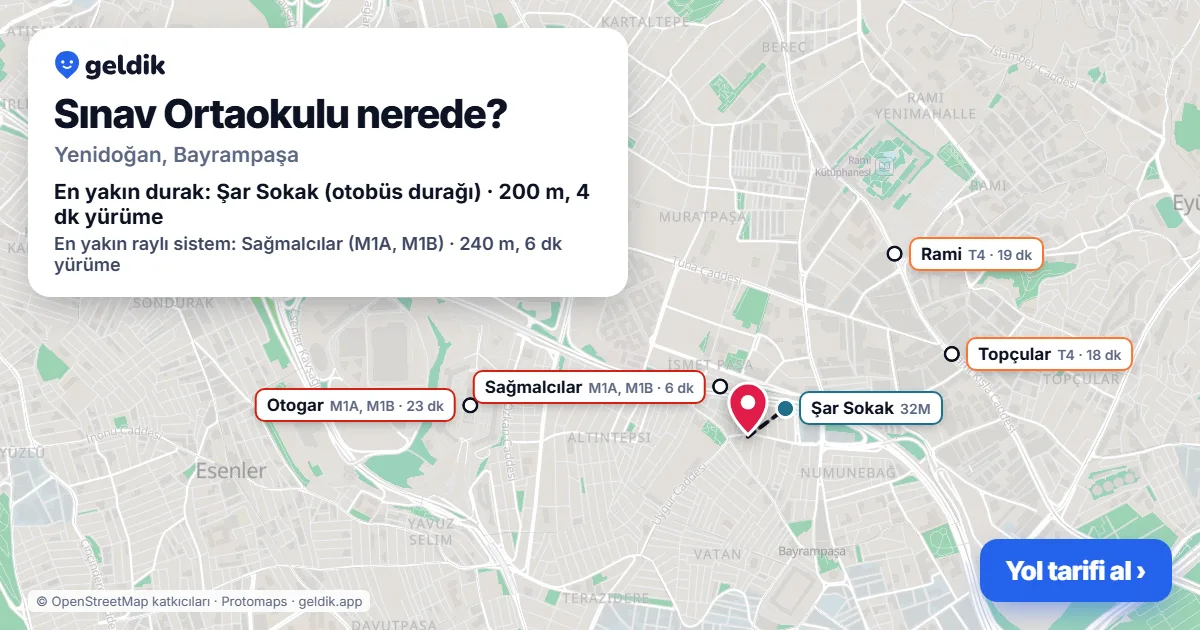 Where is Sınav Ortaokulu: map with its location and the nearest stops, with walking times