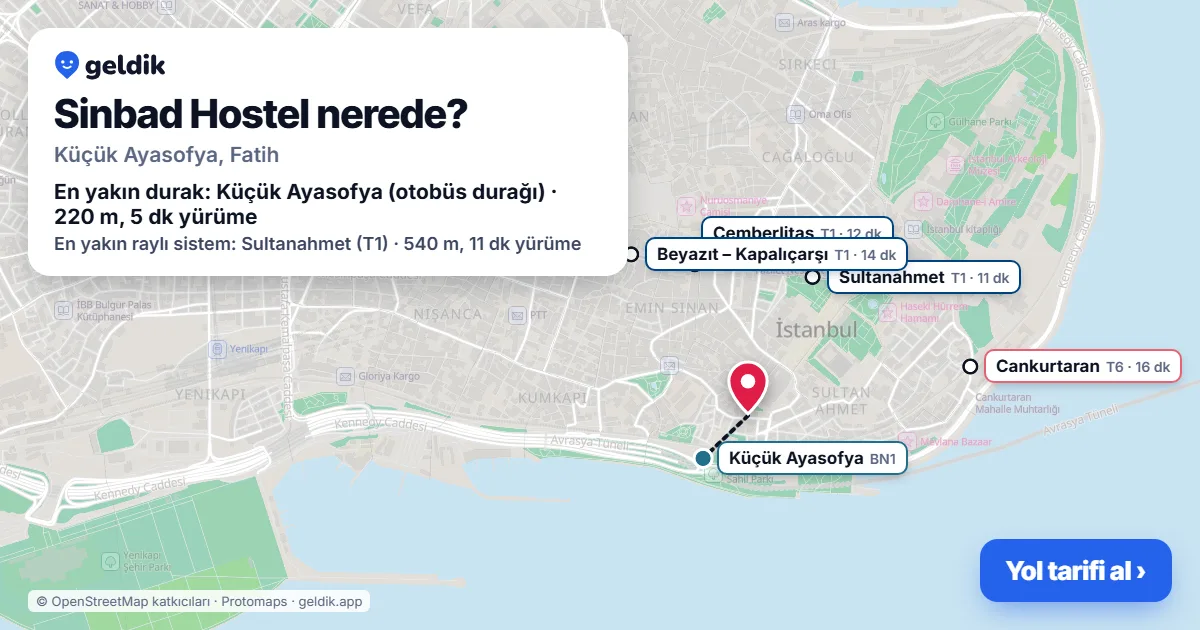 Sinbad Hostel nerede: haritada konumu ve en yakın duraklar, yürüme süreleriyle