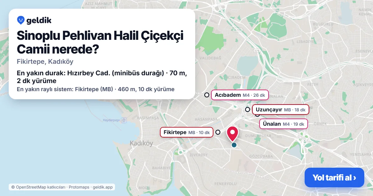 Sinoplu Pehlivan Halil Çiçekçi Camii nerede: haritada konumu ve en yakın duraklar, yürüme süreleriyle