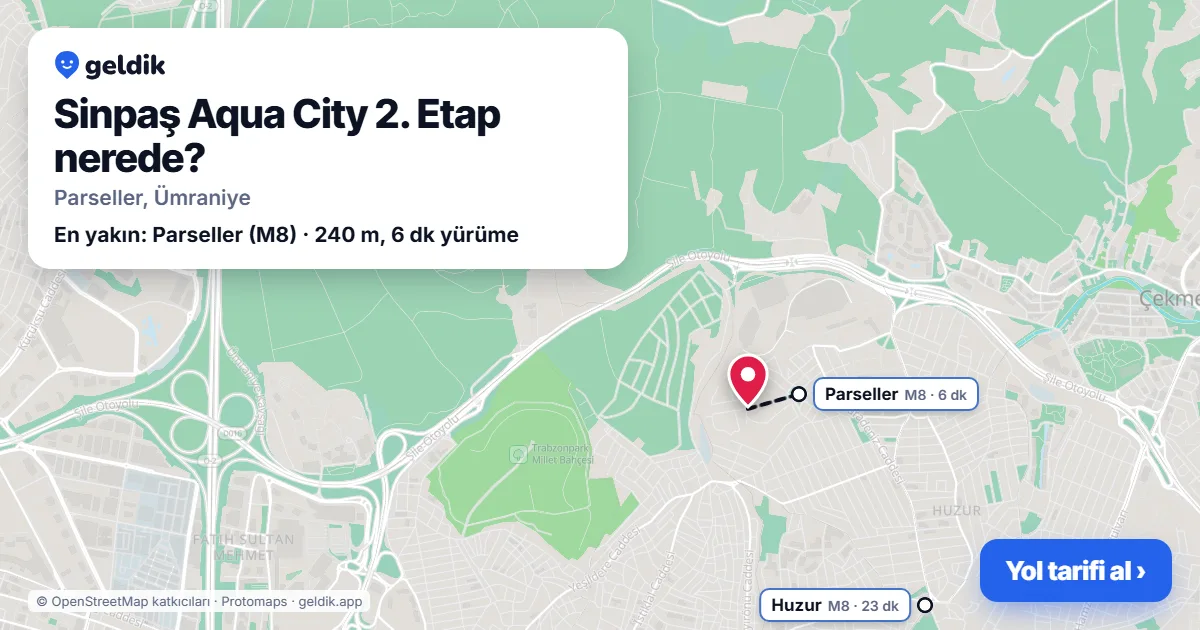 Sinpaş Aqua City 2. Etap nerede: haritada konumu ve en yakın duraklar, yürüme süreleriyle