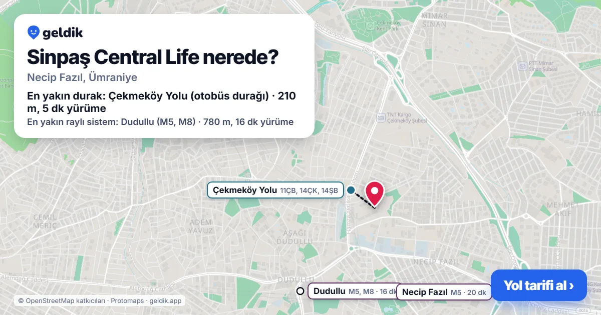 Where is Sinpaş Central Life: map with its location and the nearest stops, with walking times