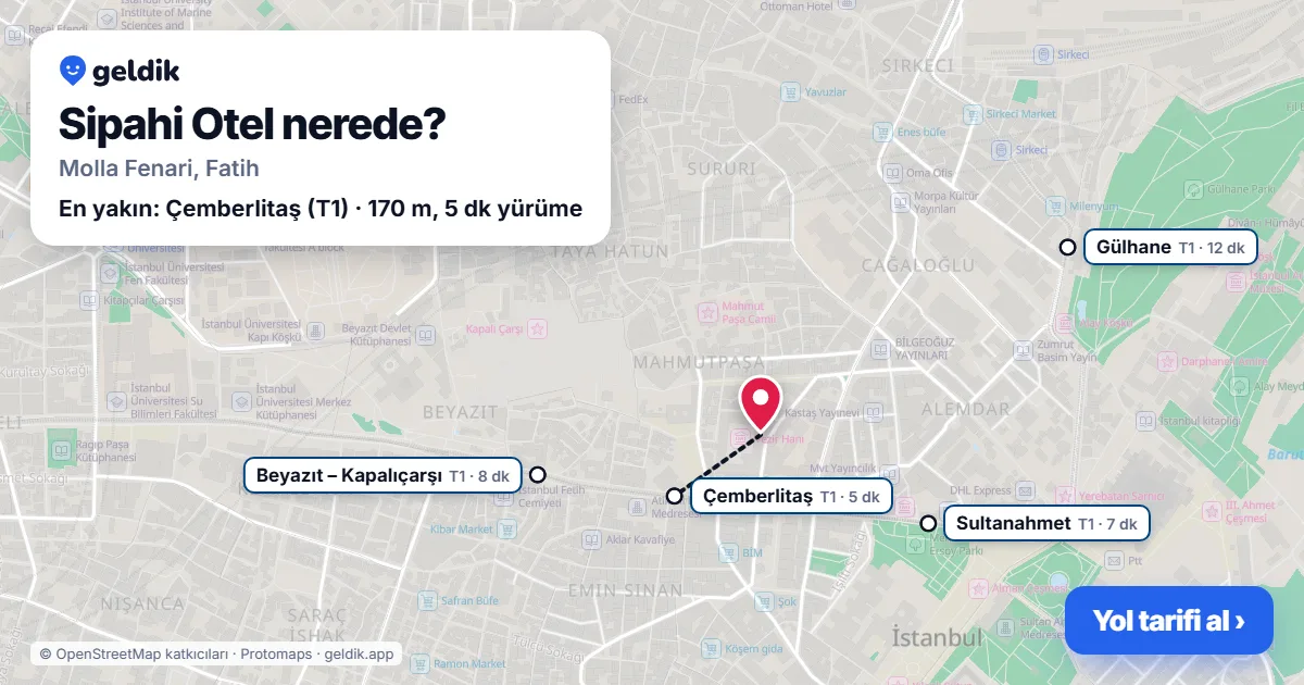 Where is Sipahi Otel: map with its location and the nearest stops, with walking times