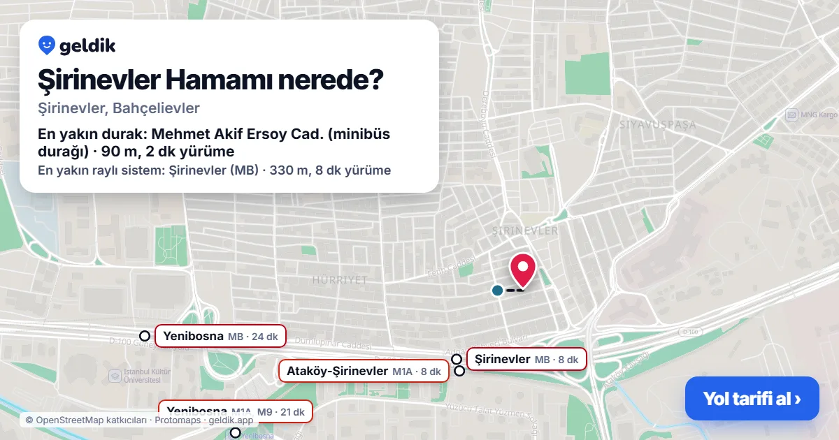 Şirinevler Hamamı nerede: haritada konumu ve en yakın duraklar, yürüme süreleriyle