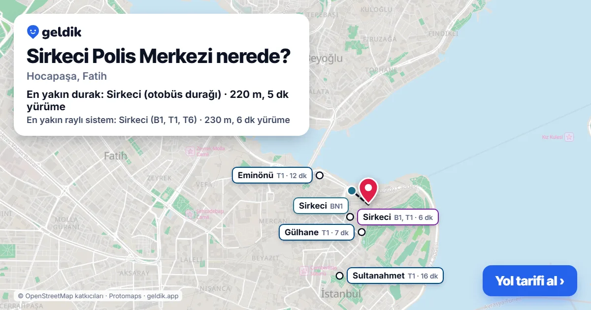 Where is Sirkeci Polis Merkezi: map with its location and the nearest stops, with walking times