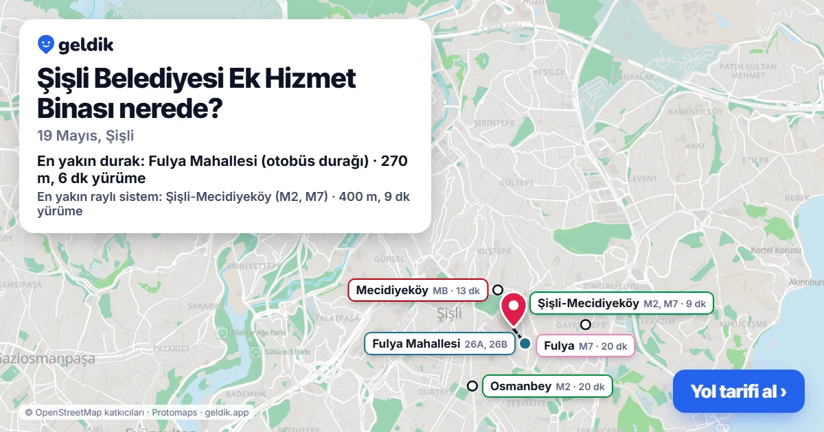 Şişli Belediyesi Ek Hizmet Binası nerede: haritada konumu ve en yakın duraklar, yürüme süreleriyle