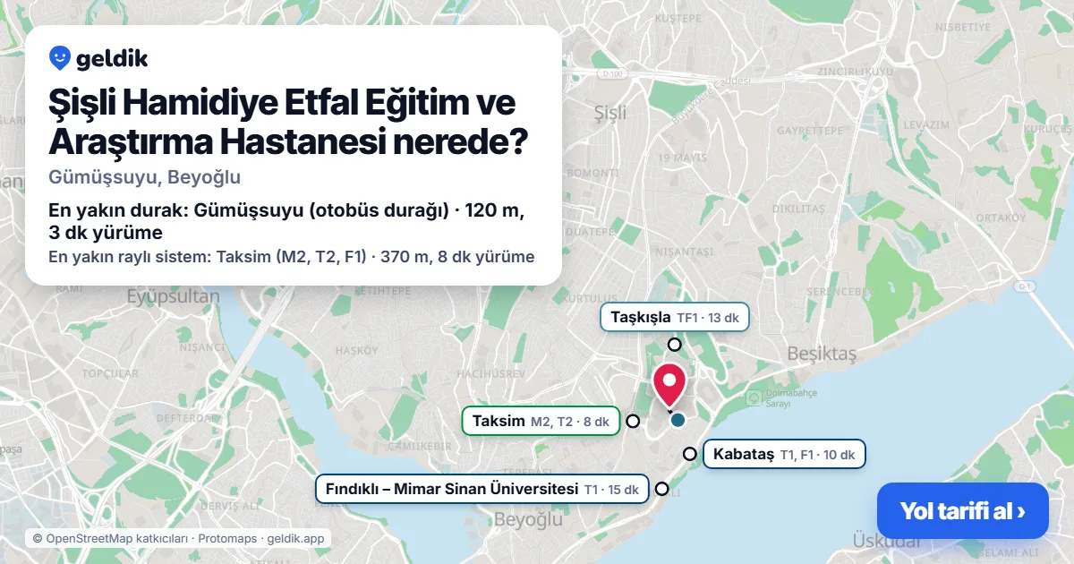 Şişli Hamidiye Etfal Eğitim ve Araştırma Hastanesi nerede: haritada konumu ve en yakın duraklar, yürüme süreleriyle