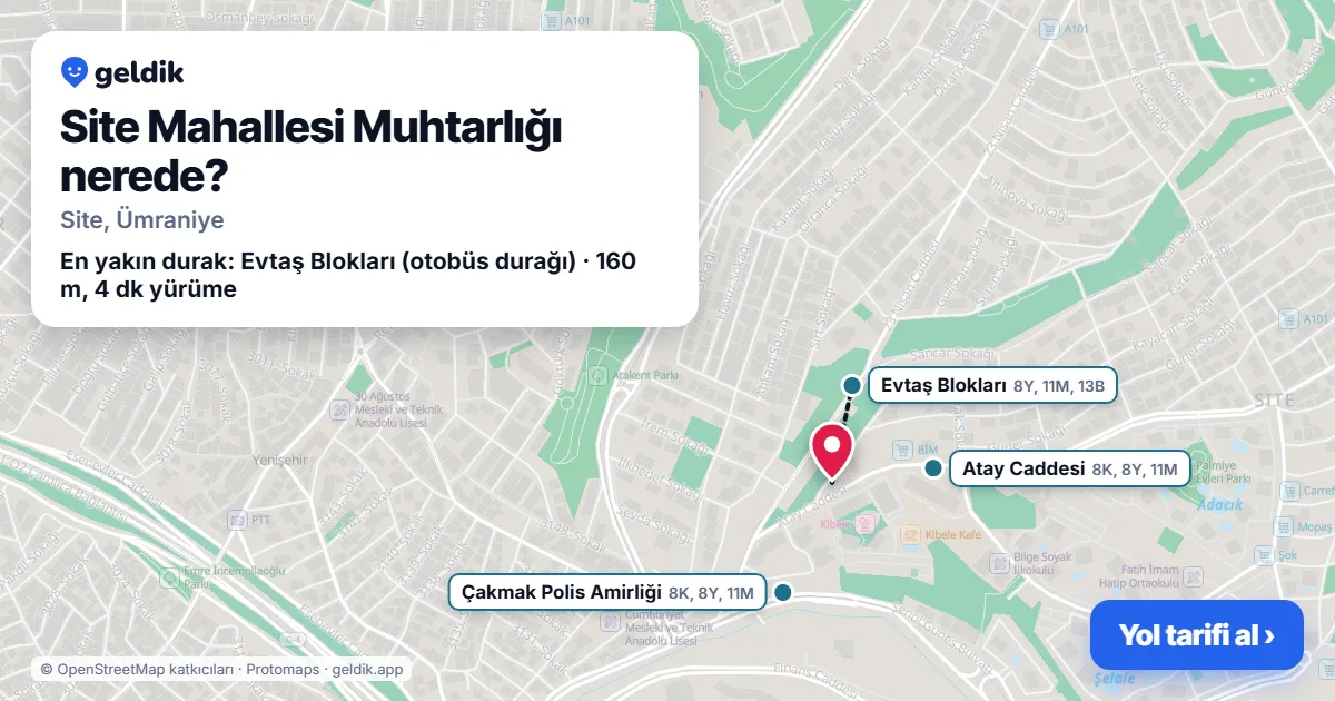 Where is Site Mahallesi Muhtarlığı: map with its location and the nearest stops, with walking times