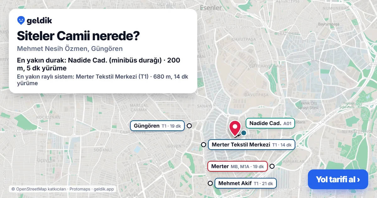 Where is Siteler Camii: map with its location and the nearest stops, with walking times