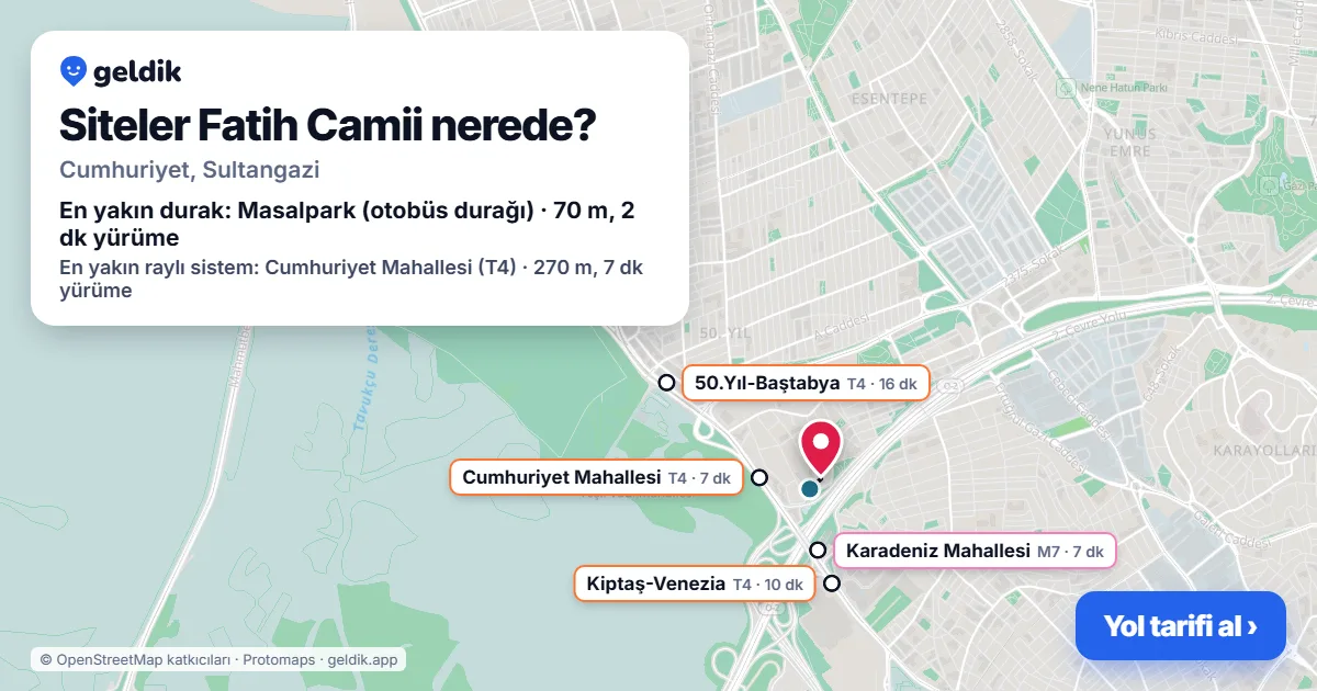 Siteler Fatih Camii nerede: haritada konumu ve en yakın duraklar, yürüme süreleriyle