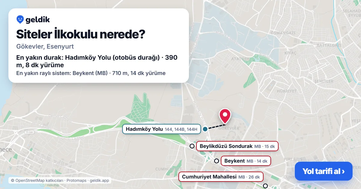Where is Siteler İlkokulu: map with its location and the nearest stops, with walking times