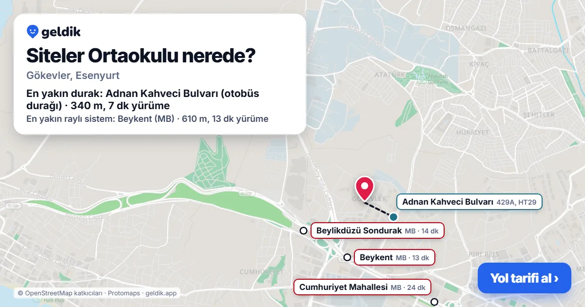 Siteler Ortaokulu nerede: haritada konumu ve en yakın duraklar, yürüme süreleriyle