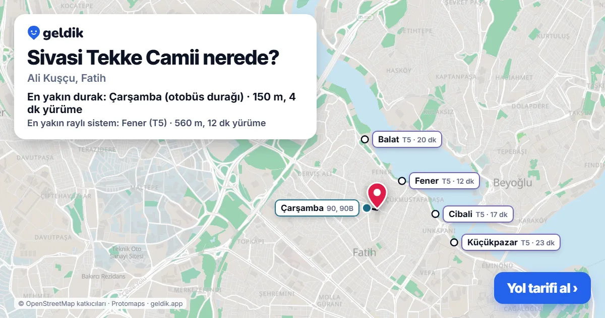 Where is Sivasi Tekke Camii: map with its location and the nearest stops, with walking times