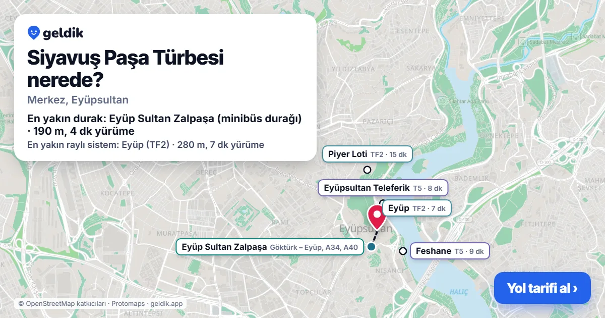 Siyavuş Paşa Türbesi nerede: haritada konumu ve en yakın duraklar, yürüme süreleriyle