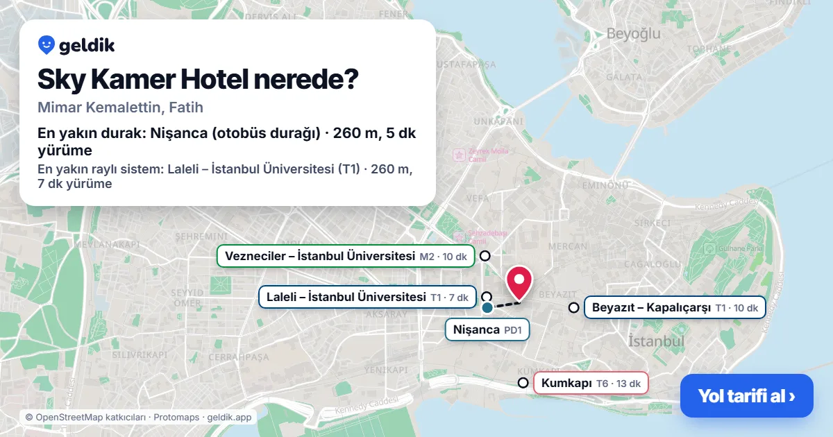 Sky Kamer Hotel nerede: haritada konumu ve en yakın duraklar, yürüme süreleriyle