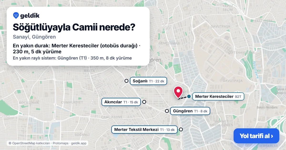 Where is Söğütlüyayla Camii: map with its location and the nearest stops, with walking times