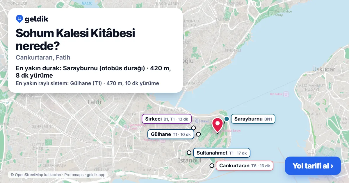 Where is Sohum Kalesi Kitâbesi: map with its location and the nearest stops, with walking times