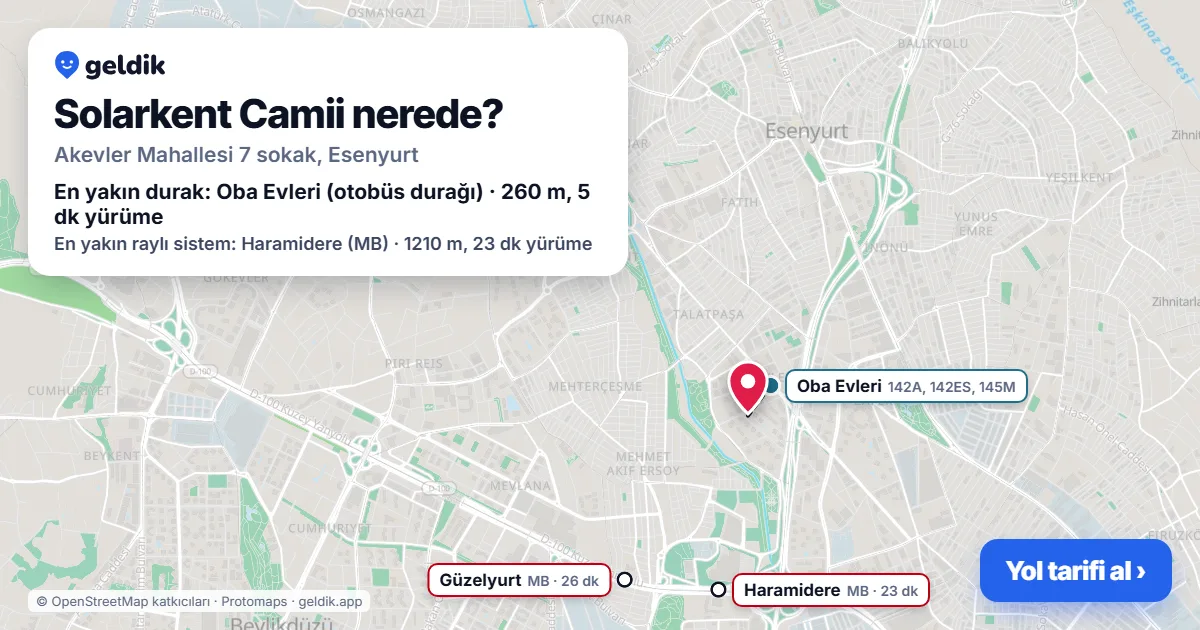 Where is Solarkent Camii: map with its location and the nearest stops, with walking times