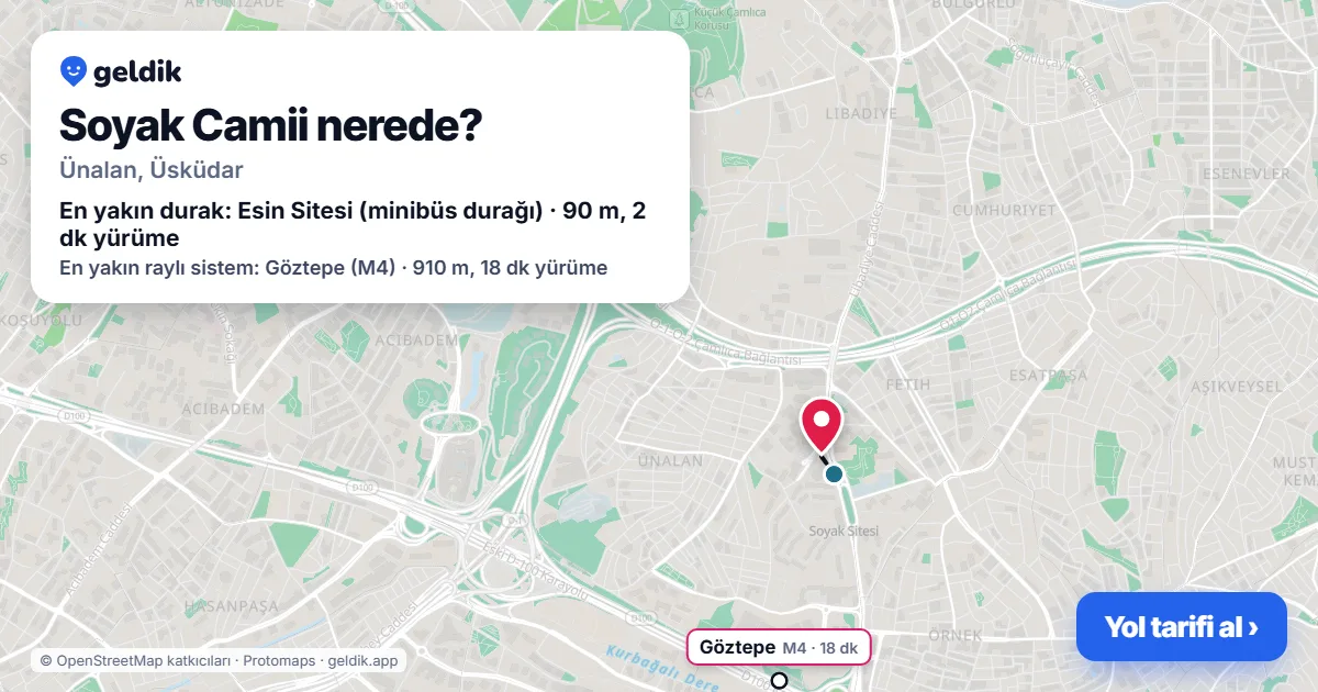 Where is Soyak Camii: map with its location and the nearest stops, with walking times