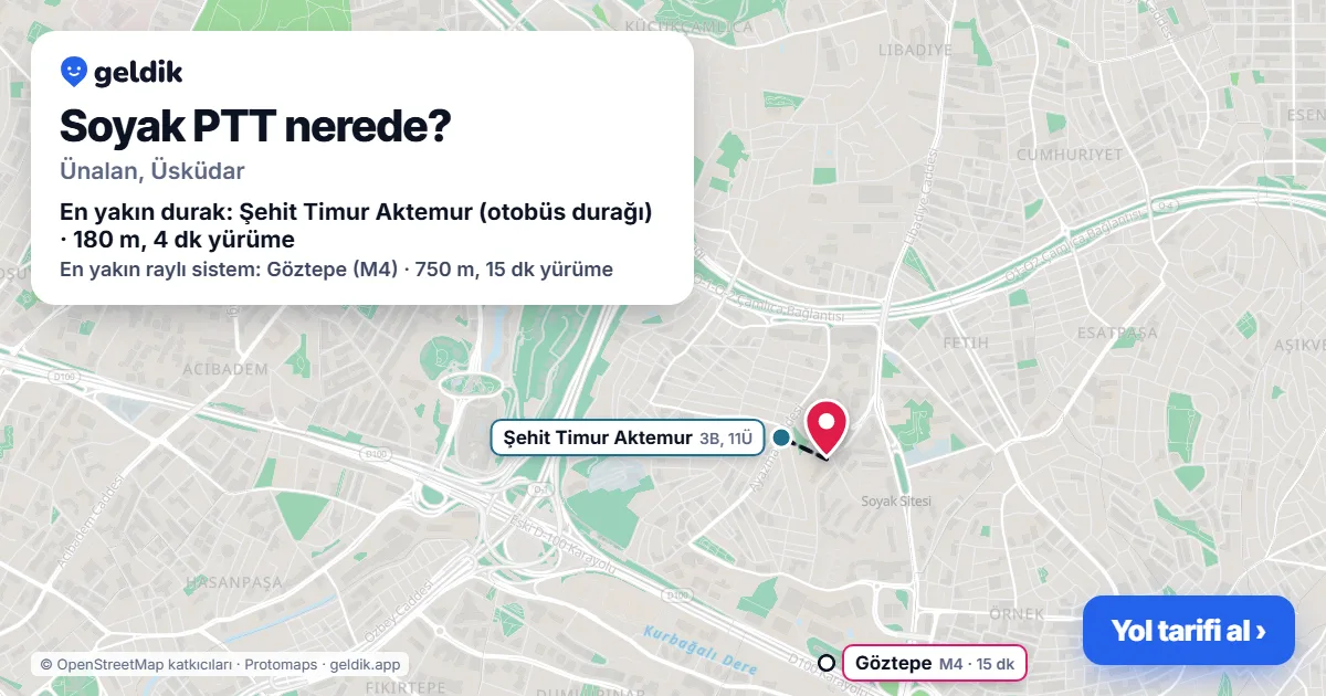 Where is Soyak PTT: map with its location and the nearest stops, with walking times