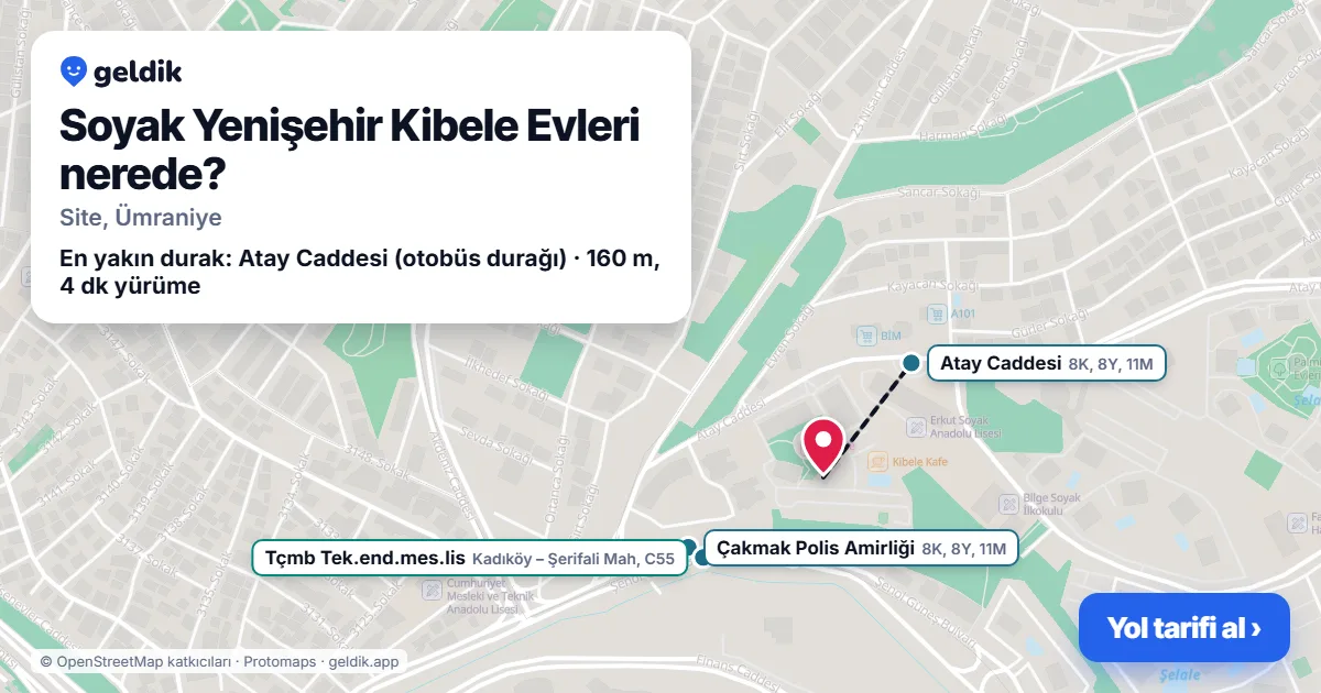 Soyak Yenişehir Kibele Evleri nerede: haritada konumu ve en yakın duraklar, yürüme süreleriyle