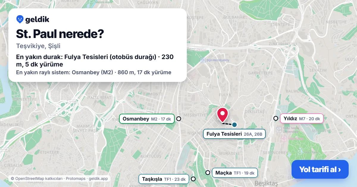 St. Paul nerede: haritada konumu ve en yakın duraklar, yürüme süreleriyle