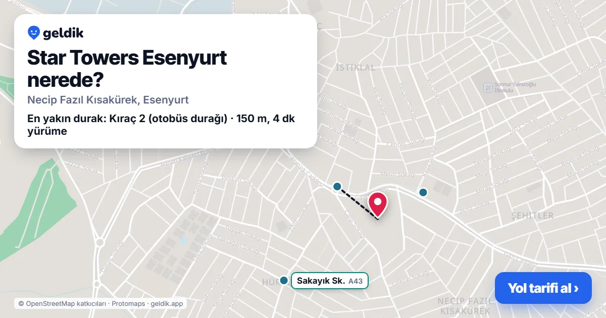 Star Towers Esenyurt nerede: haritada konumu ve en yakın duraklar, yürüme süreleriyle