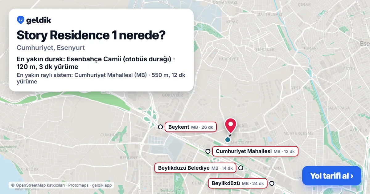 Story Residence 1 nerede: haritada konumu ve en yakın duraklar, yürüme süreleriyle