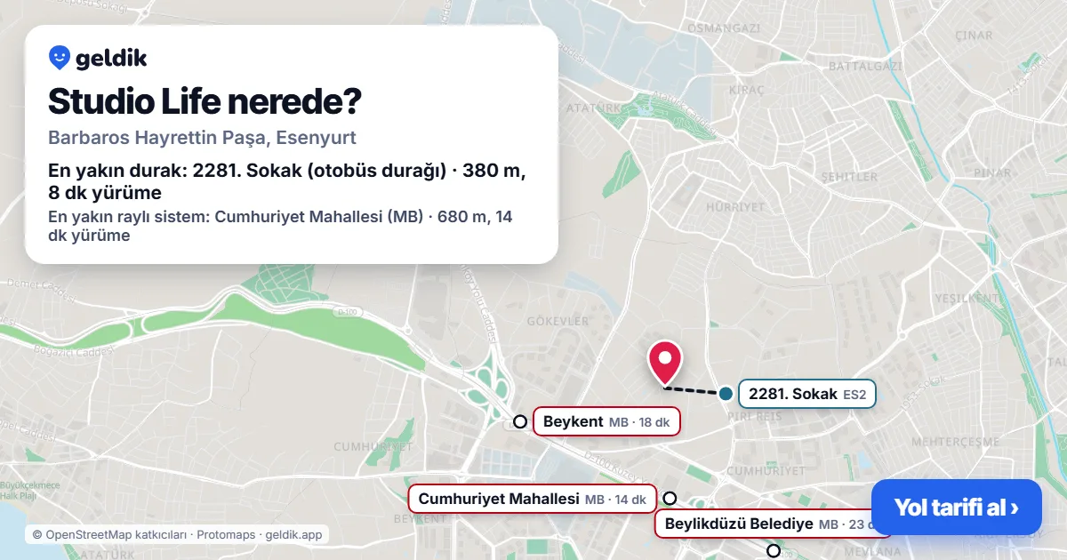 Studio Life nerede: haritada konumu ve en yakın duraklar, yürüme süreleriyle