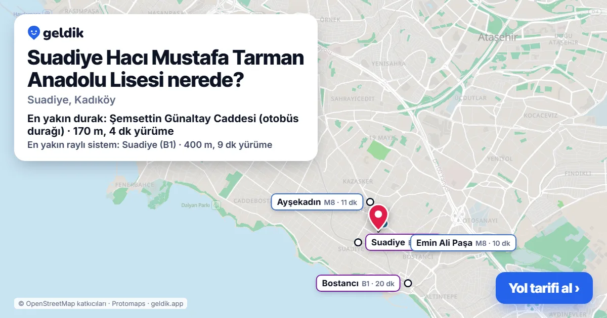 Suadiye Hacı Mustafa Tarman Anadolu Lisesi nerede: haritada konumu ve en yakın duraklar, yürüme süreleriyle