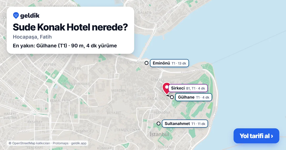 Sude Konak Hotel nerede: haritada konumu ve en yakın duraklar, yürüme süreleriyle